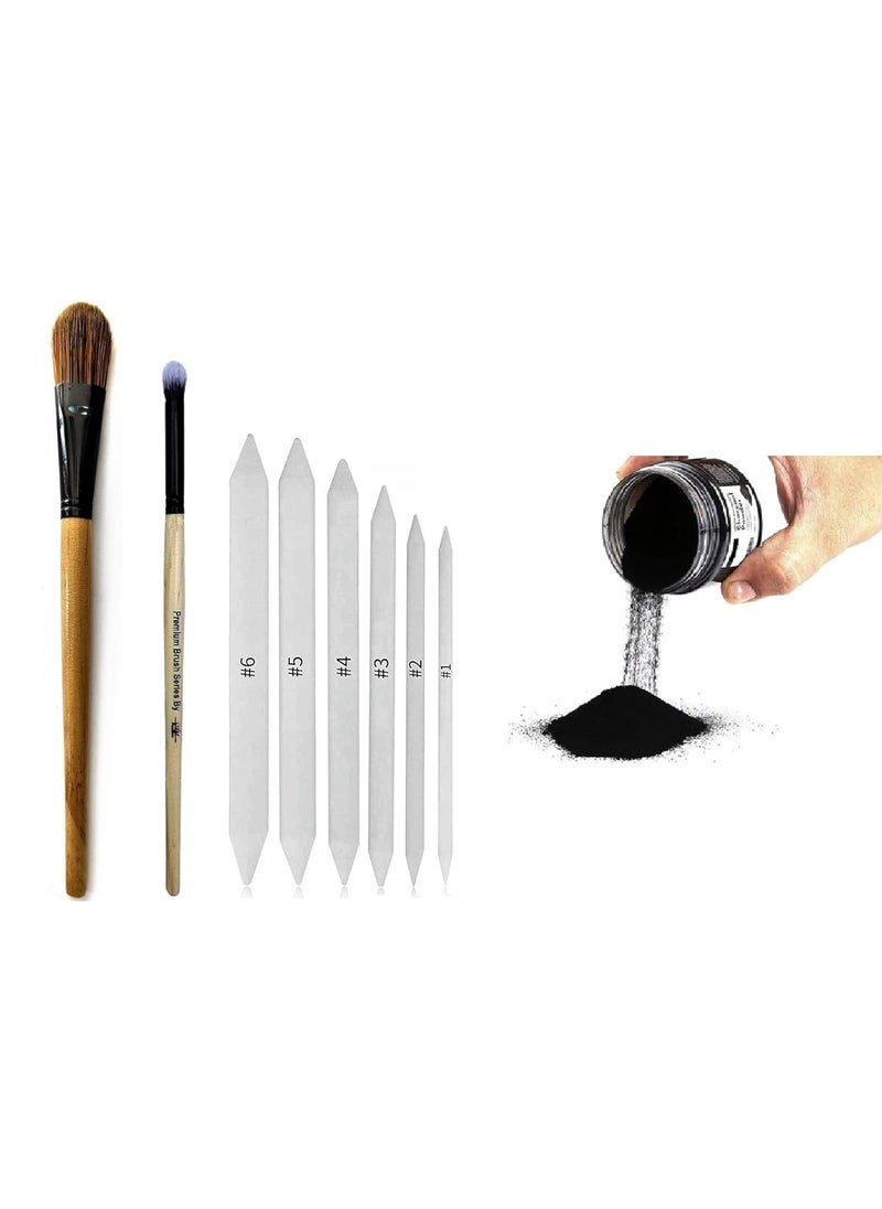 ChiggiWiggi Art 1 Pcs Foundation Blending Brush 1 Pcs Smudger Brush with 30 Gram Charcoal Powder and 6 Pcs Blending Paper Stumps