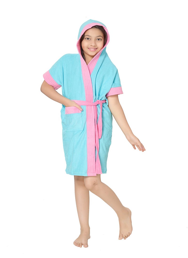 SAND DUNE Girls Terry Cotton Half Sleeves Knee Length Pocket Bathrobe Gown with Waist Belt and Pink Border 89 Years Sky Blue