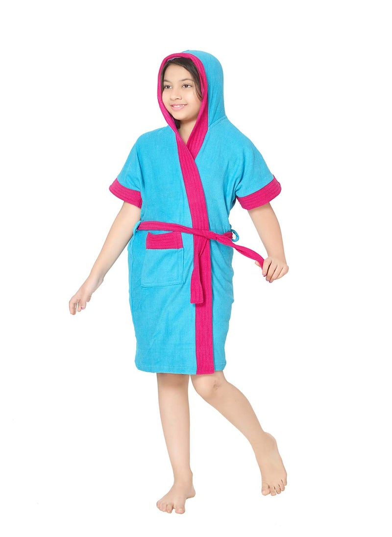 Sand Dune Girls Terry Cotton Half Sleeves Knee Length Pocket with Waist Belt Hood Bathrobe Turquoise Color with Rani Pink Border 67 Years