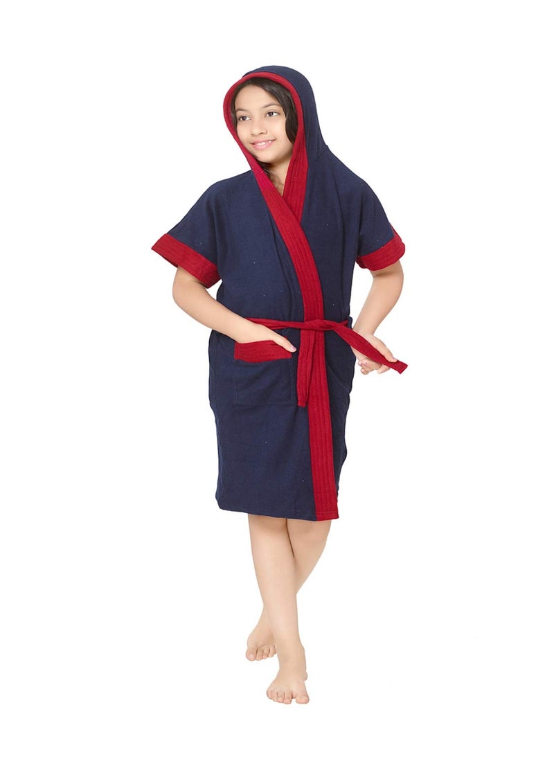 SAND DUNE Girls Terry Cotton Half Sleeved Knee Length Pocketed with Waist Belt Bathrobe Gown Use as Bath Robe Navy Blue 10 to 11 Years