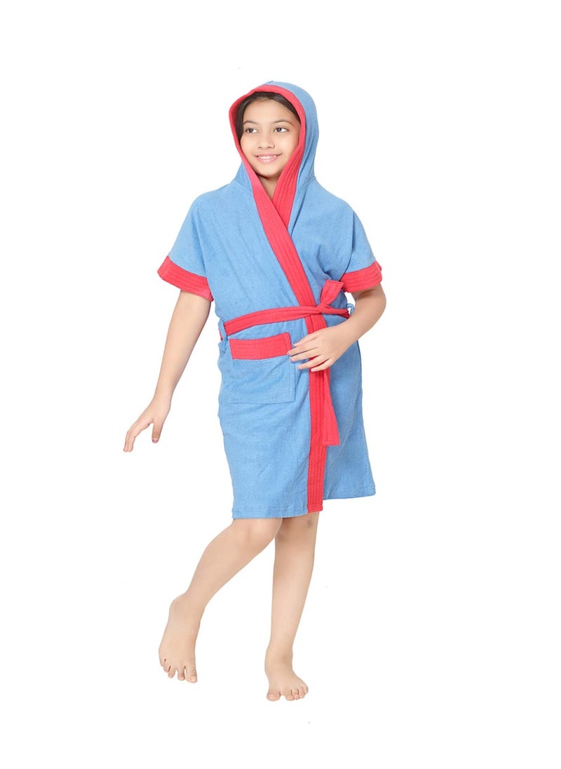 Sand Dune Kids Terry Cotton Half Sleeves Knee Length Pocket Hood Bathrobe with Waist Belt 1011 Years Blue