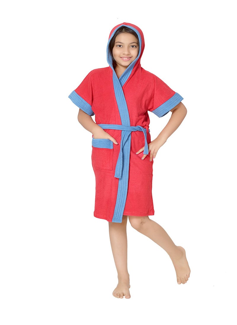 SAND DUNE Girls Terry Cotton Bathrobe Gown with Half Sleeves Knee Length Pocket with Waist Belt Blue with Cherry Red Border 1415 Years