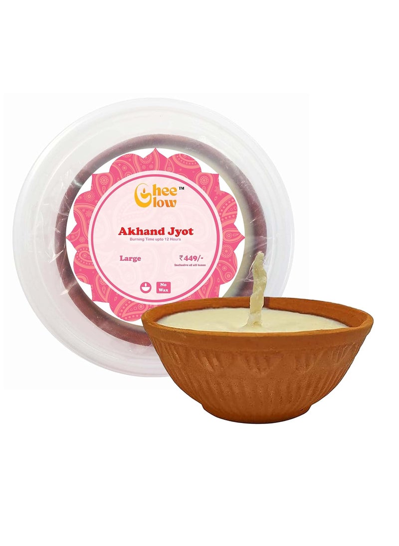 GheeGlow Akhand Clay Diya Filled With Pure Ghee Wicks Tibetan Buddhist With Natural Fragrance 10 Hours Burning Time Set of 2 Ready to Use for Daily Pooja