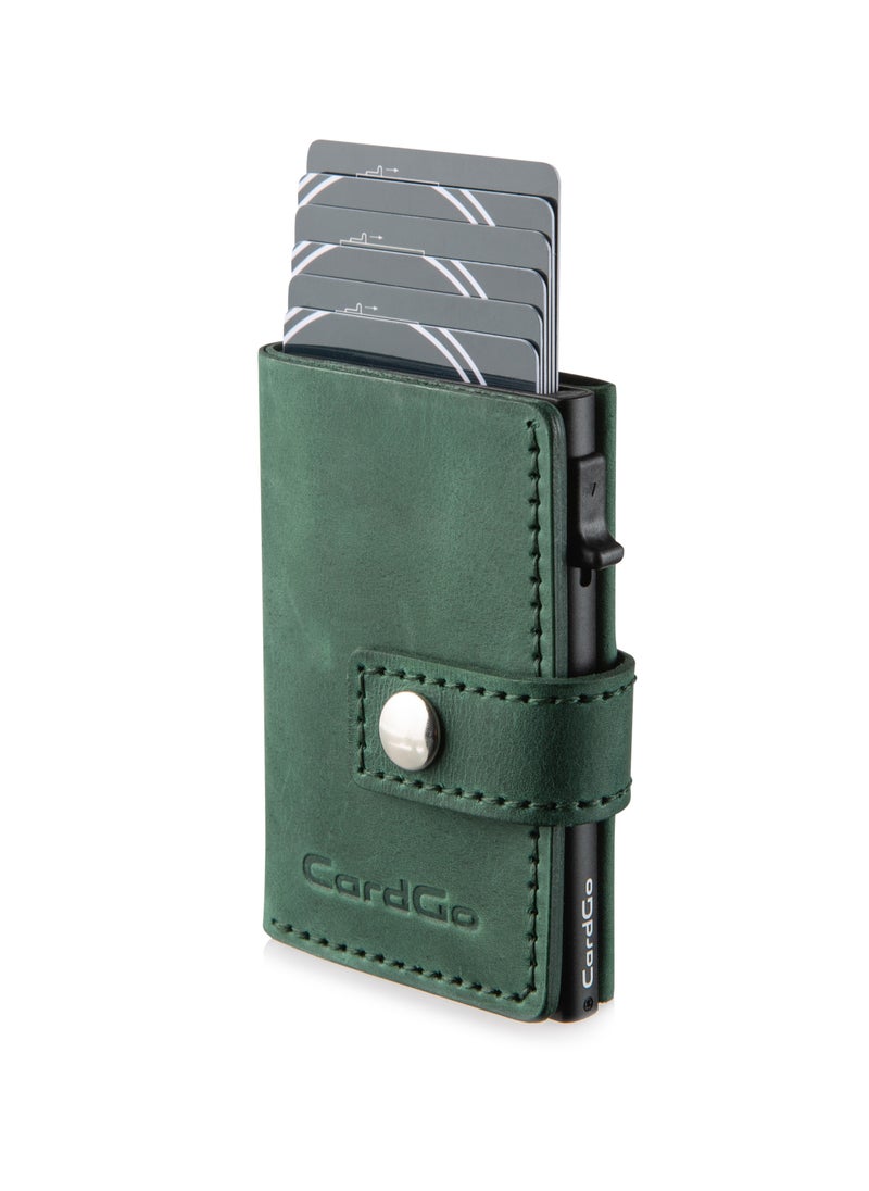 CardGo Green Leather Wallet: Stylish handcrafted RFID-protected slim cardholder with quick-access mechanism, premium leather, compact design, and gift packaging