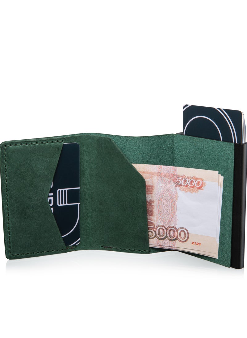 CardGo Green Leather Wallet: Stylish handcrafted RFID-protected slim cardholder with quick-access mechanism, premium leather, compact design, and gift packaging