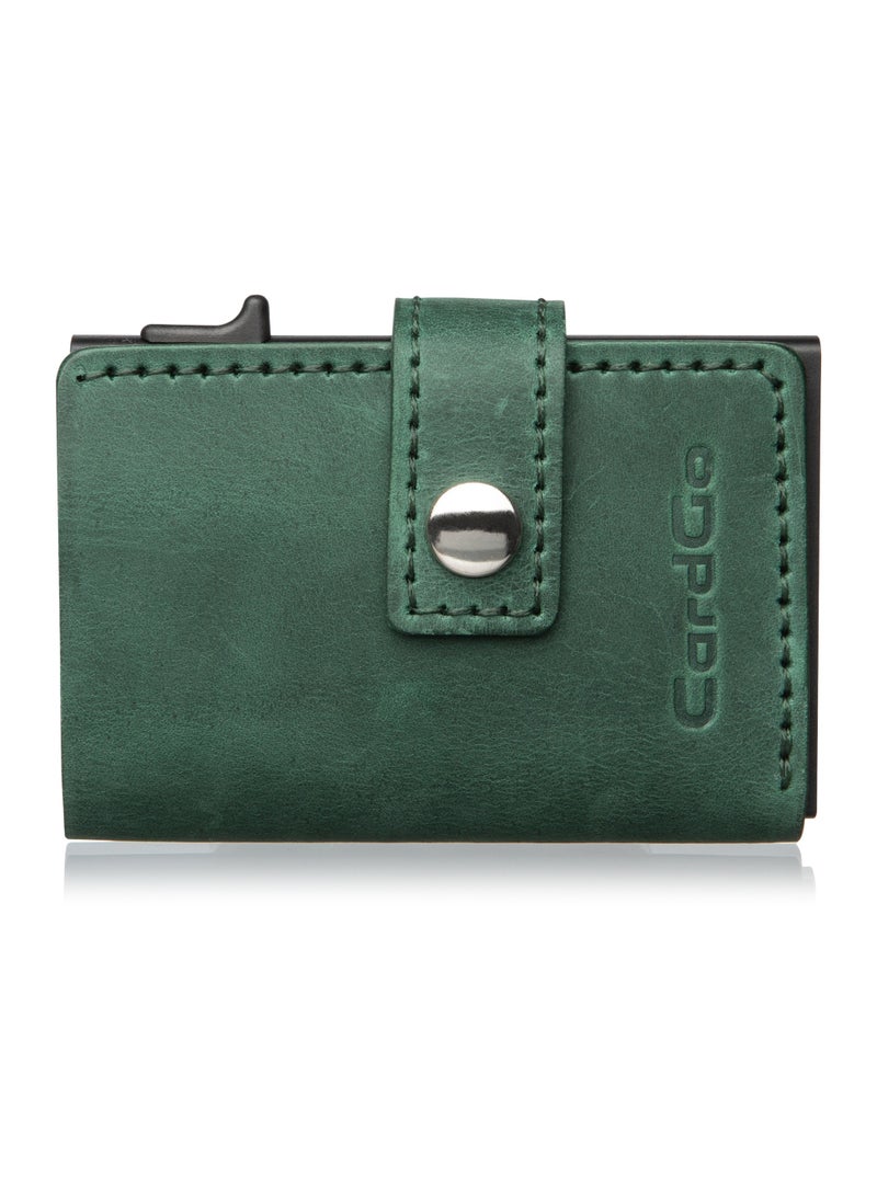 CardGo Green Leather Wallet: Stylish handcrafted RFID-protected slim cardholder with quick-access mechanism, premium leather, compact design, and gift packaging