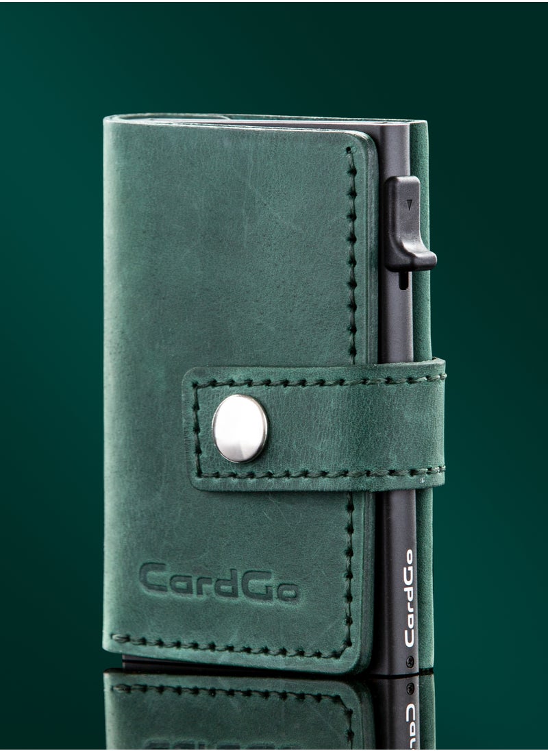 CardGo Green Leather Wallet: Stylish handcrafted RFID-protected slim cardholder with quick-access mechanism, premium leather, compact design, and gift packaging