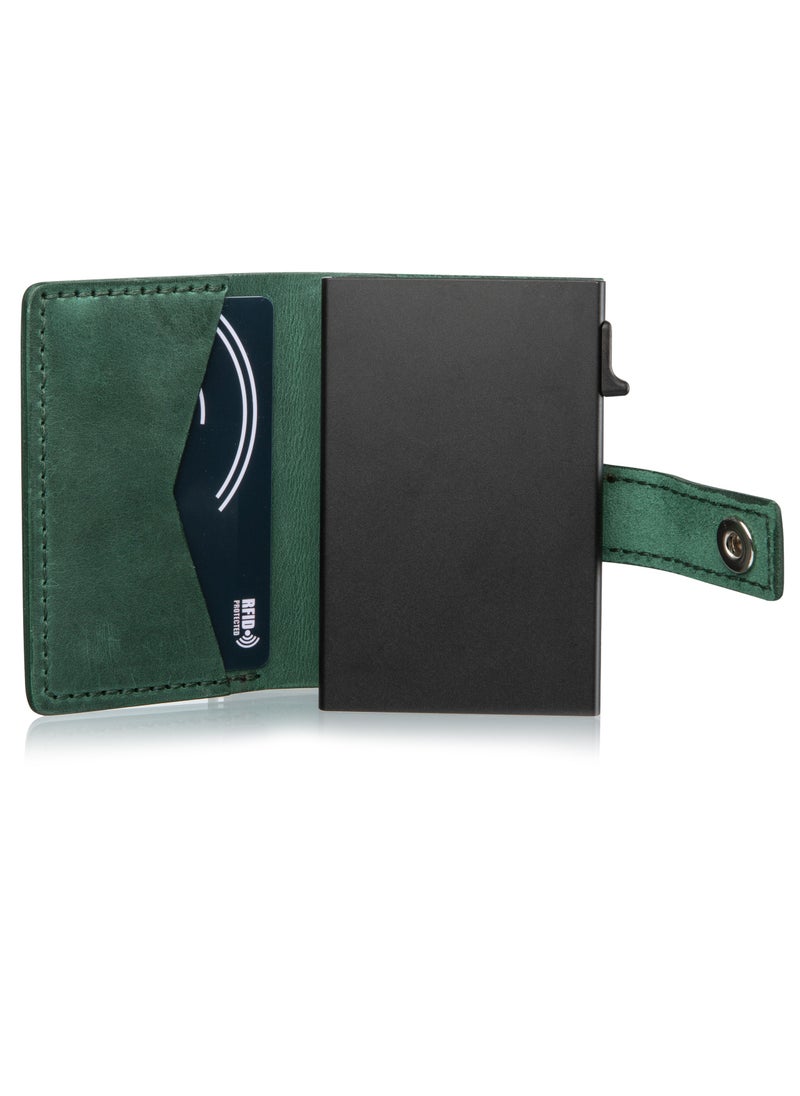 CardGo Green Leather Wallet: Stylish handcrafted RFID-protected slim cardholder with quick-access mechanism, premium leather, compact design, and gift packaging