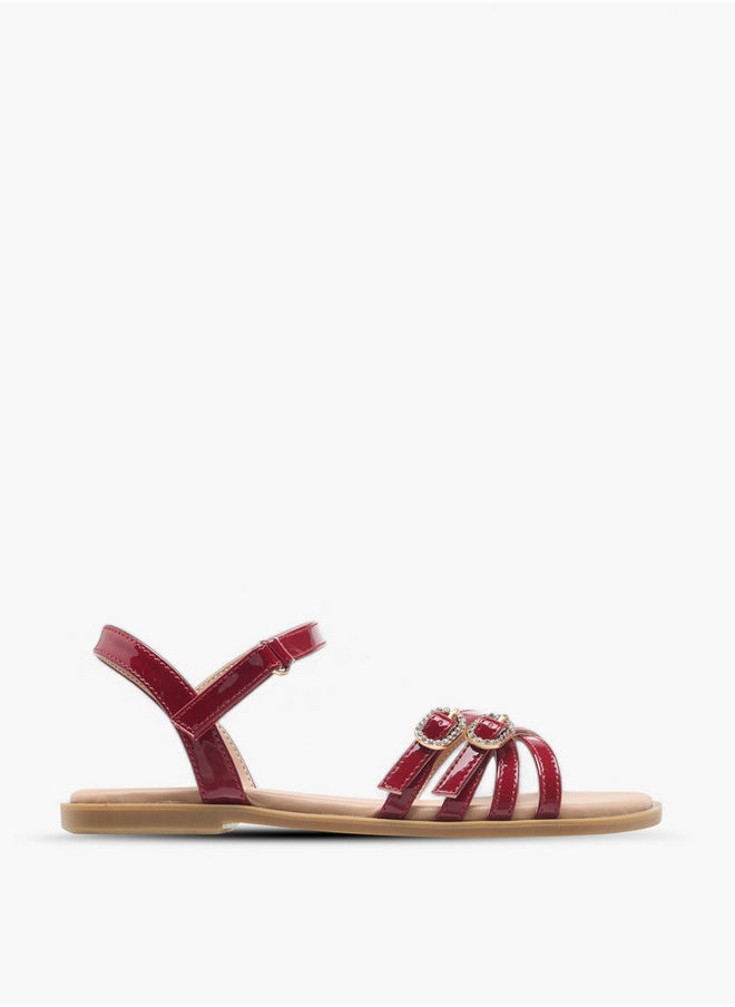 Girls Buckle Detail Flat Sandals with Hook and Loop Closure