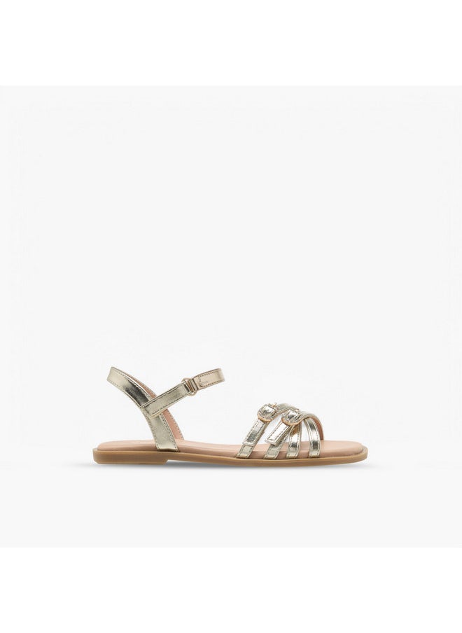 Girls Buckle Detail Flat Sandals with Hook and Loop Closure