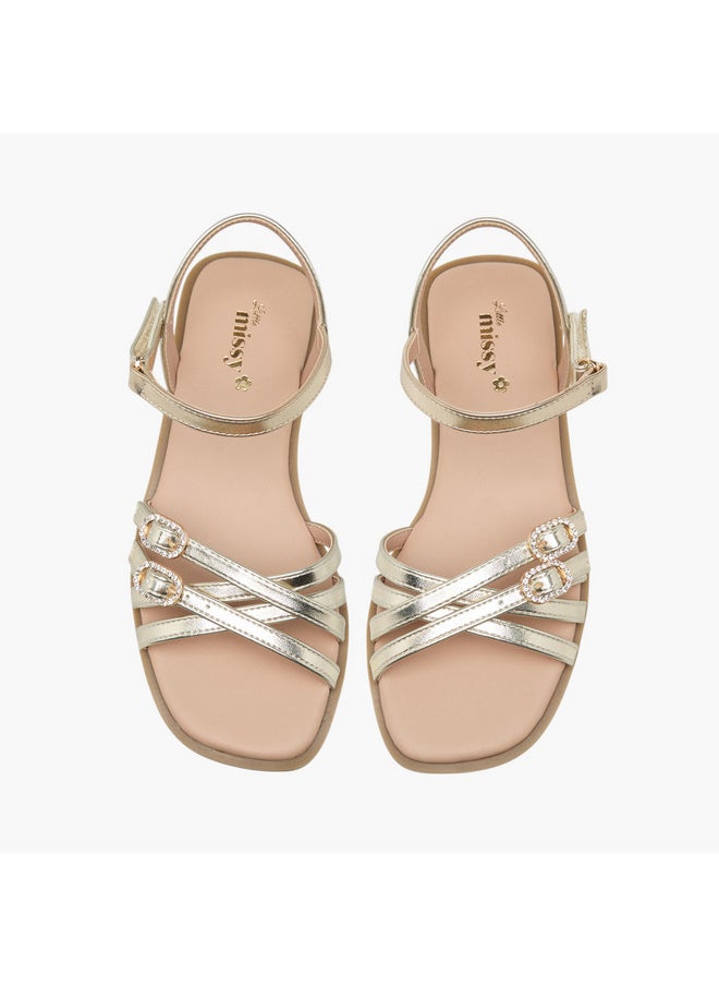 Girls Buckle Detail Flat Sandals with Hook and Loop Closure