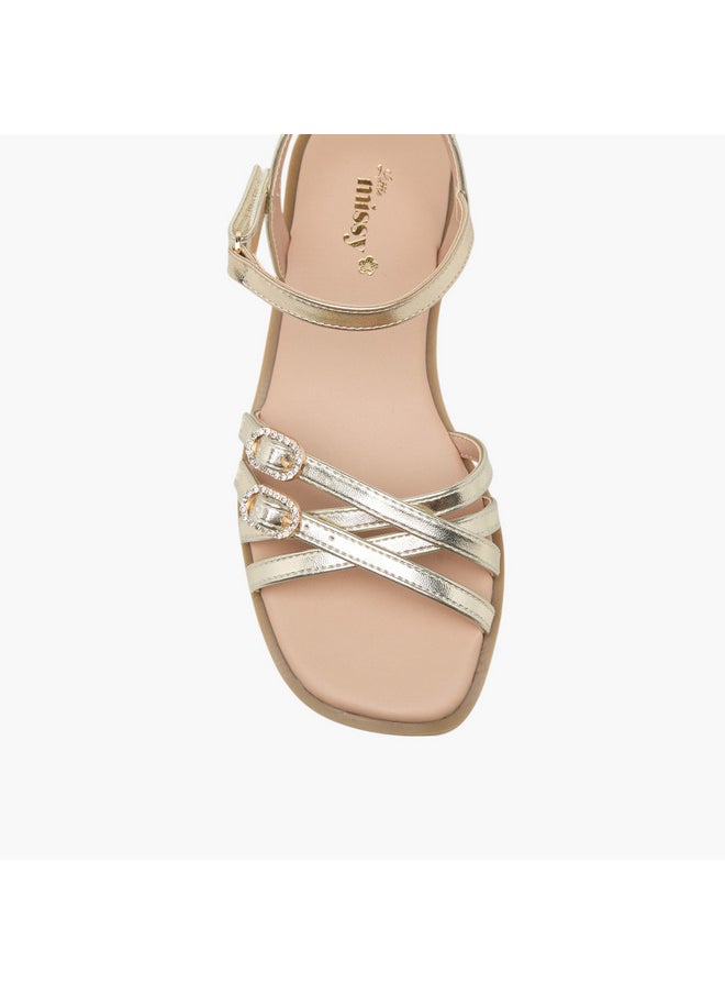 Girls Buckle Detail Flat Sandals with Hook and Loop Closure