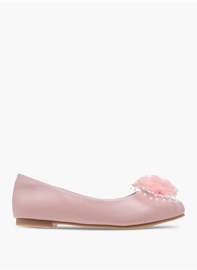 Pearl Embellished Ballerina Shoes with Flower Applique
