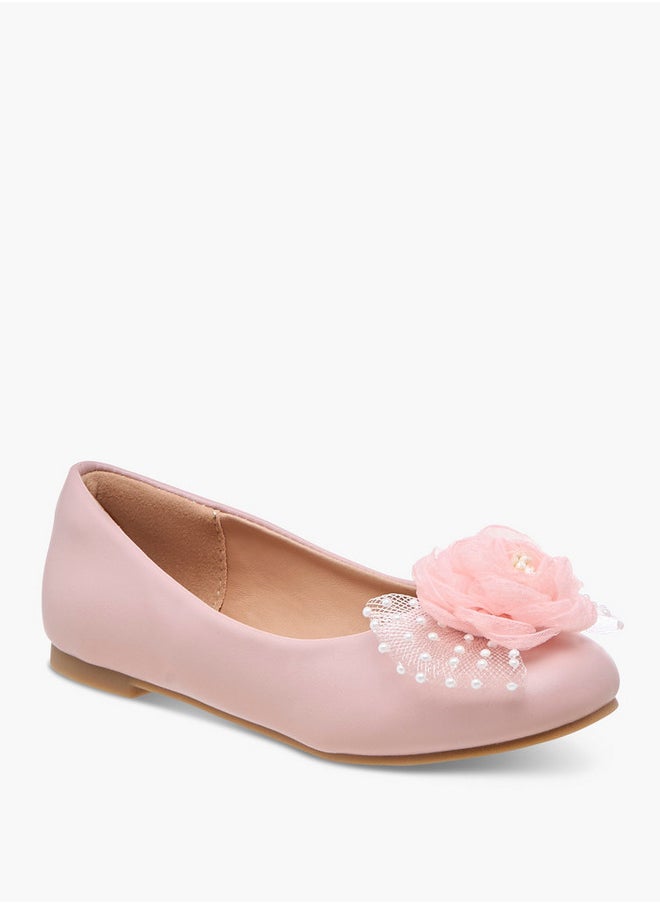 Pearl Embellished Ballerina Shoes with Flower Applique