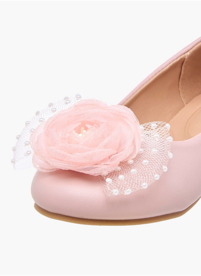 Pearl Embellished Ballerina Shoes with Flower Applique