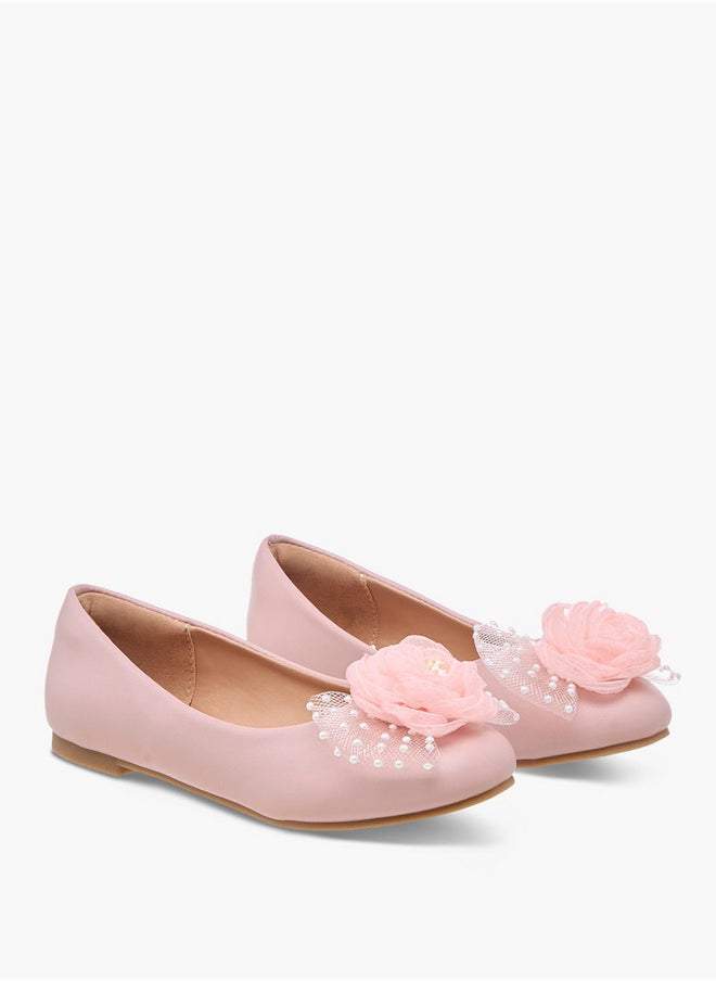 Pearl Embellished Ballerina Shoes with Flower Applique