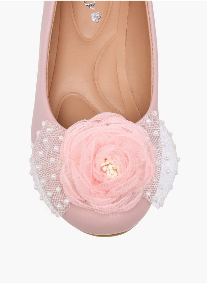 Pearl Embellished Ballerina Shoes with Flower Applique