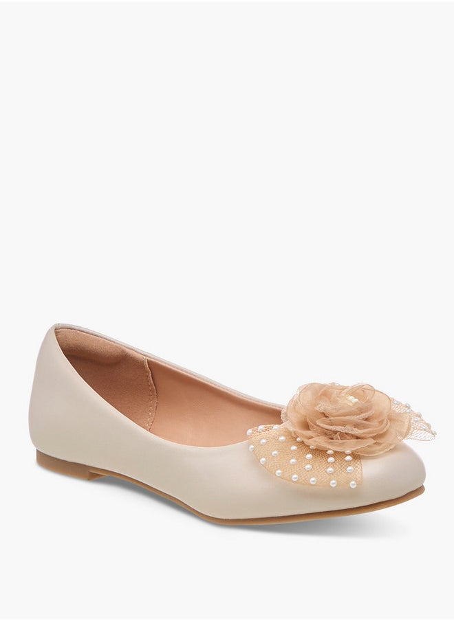 Pearl Embellished Ballerina Shoes with Flower Applique