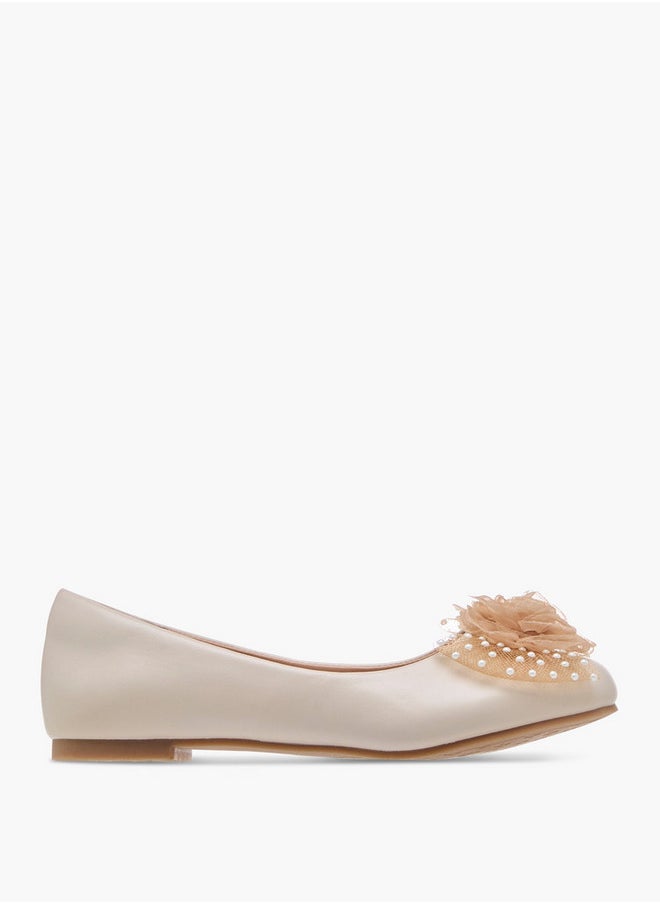 Pearl Embellished Ballerina Shoes with Flower Applique