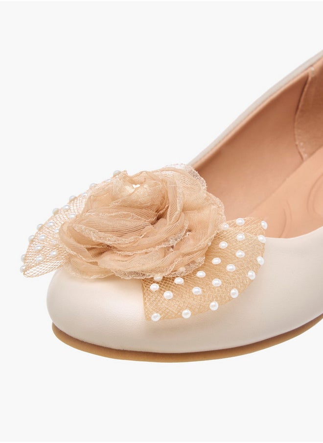 Pearl Embellished Ballerina Shoes with Flower Applique
