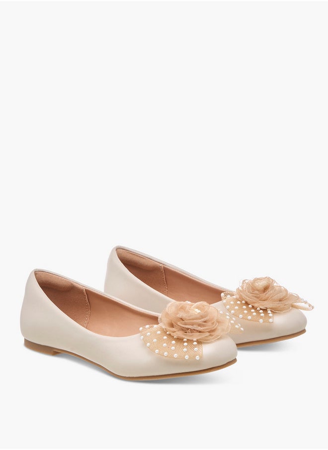 Pearl Embellished Ballerina Shoes with Flower Applique