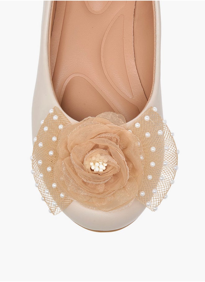 Pearl Embellished Ballerina Shoes with Flower Applique