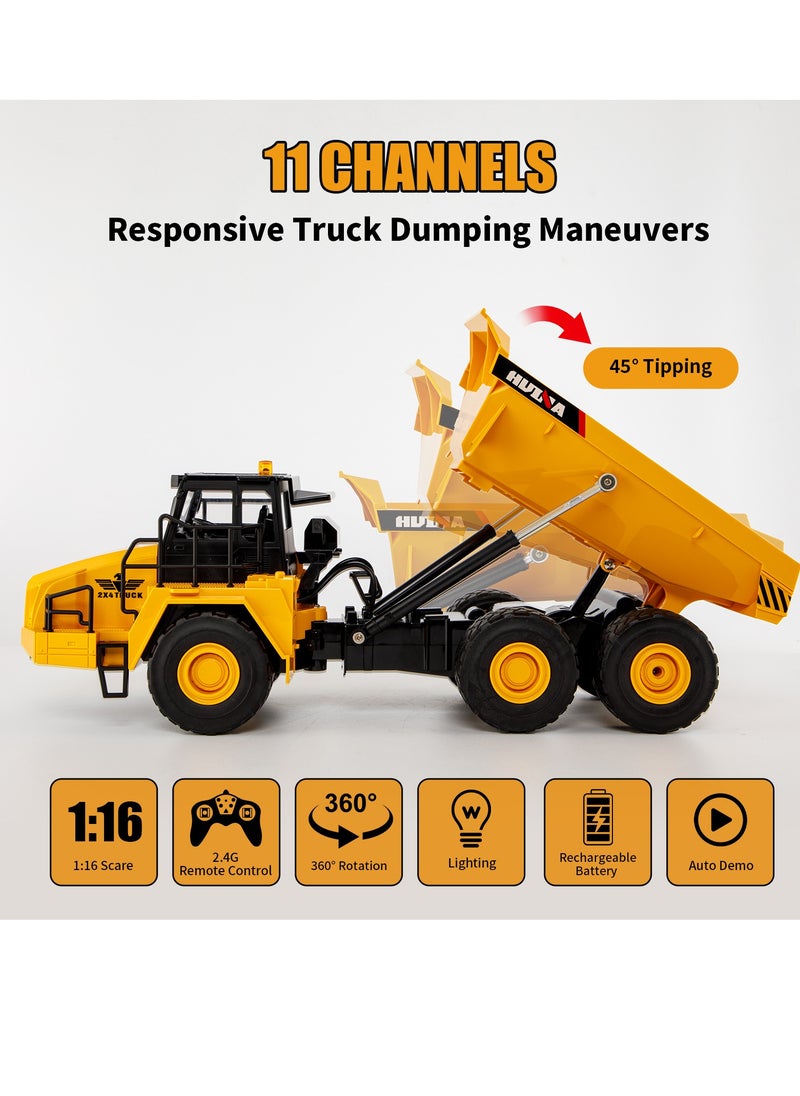 Remote Control Dump Truck Toy, 11 Channel 2 Batteries Remote Control Construction Toy Vehicles with Lights/Sounds, RC Dump Truck Toys for 8-12 Years Old Boys and up- Toy Trucks 1:16 Scale