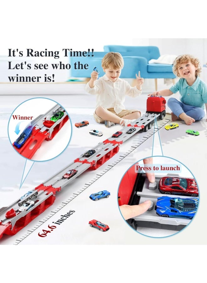 64-Inch Toy Race Track with Catapult Launch, Includes 6 Die-Cast Cars, Foldable Truck Toy Set with Storage & Transport, Ideal for Kids Aged 4-9, for Boys & Girls