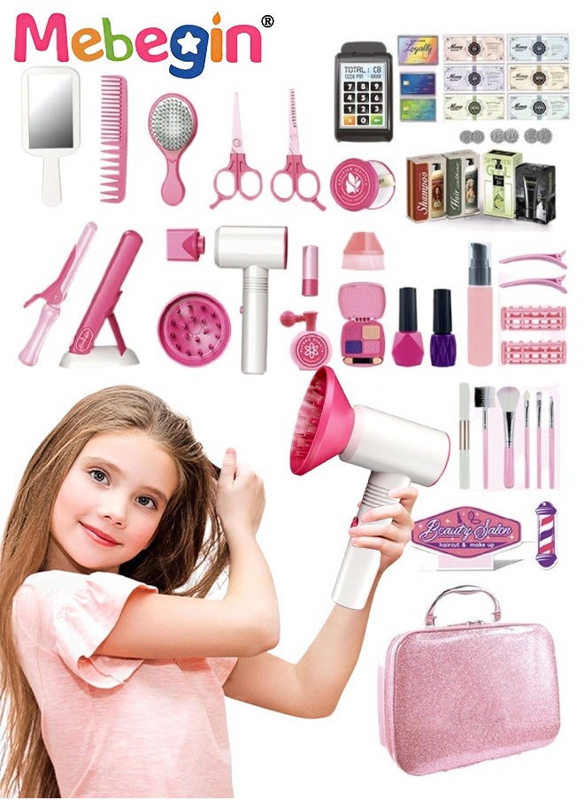 43PCS Beauty Salon Set with Realistic Hairdryer, Straightener, Mirror, Scissors and Other Styling Accessories, Girls Hair Salon Kit with Portable Travel Case, Complete Stylist Set for Girls, Play Ho