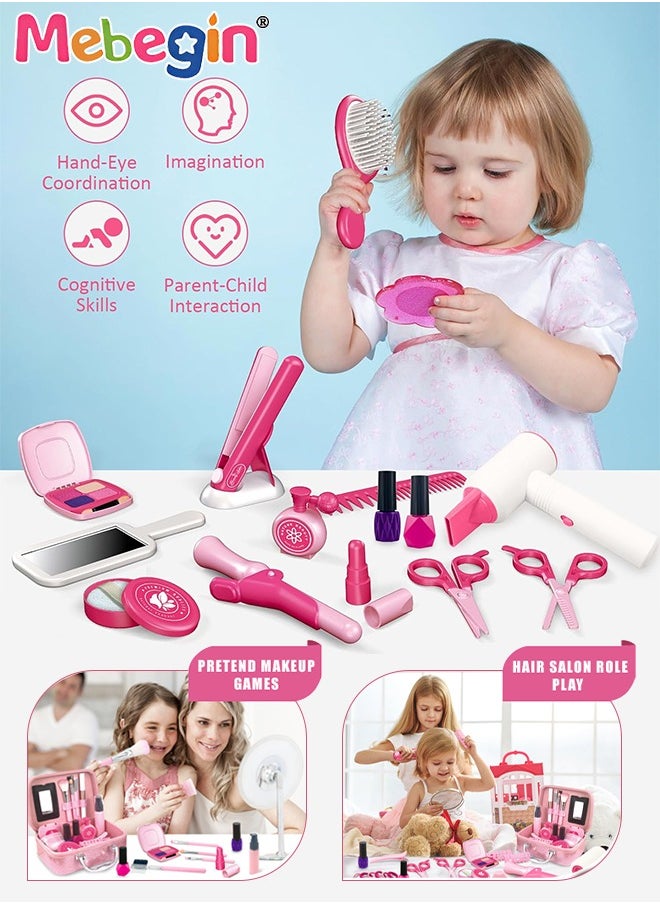 43PCS Beauty Salon Set with Realistic Hairdryer, Straightener, Mirror, Scissors and Other Styling Accessories, Girls Hair Salon Kit with Portable Travel Case, Complete Stylist Set for Girls, Play Ho