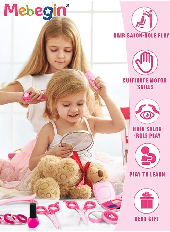 43PCS Beauty Salon Set with Realistic Hairdryer, Straightener, Mirror, Scissors and Other Styling Accessories, Girls Hair Salon Kit with Portable Travel Case, Complete Stylist Set for Girls, Play Ho
