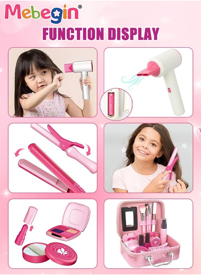 43PCS Beauty Salon Set with Realistic Hairdryer, Straightener, Mirror, Scissors and Other Styling Accessories, Girls Hair Salon Kit with Portable Travel Case, Complete Stylist Set for Girls, Play Ho