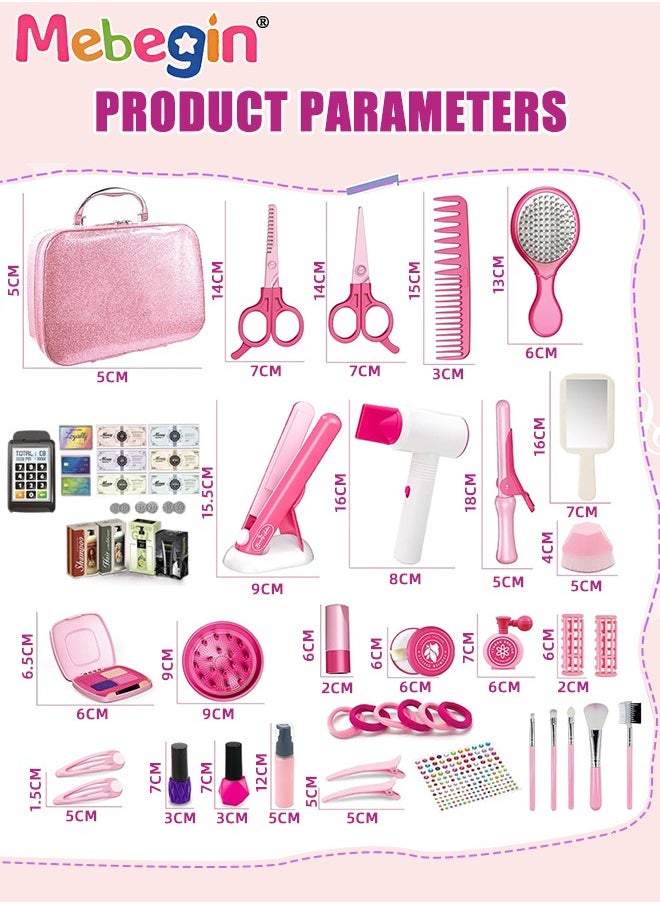43PCS Beauty Salon Set with Realistic Hairdryer, Straightener, Mirror, Scissors and Other Styling Accessories, Girls Hair Salon Kit with Portable Travel Case, Complete Stylist Set for Girls, Play Ho