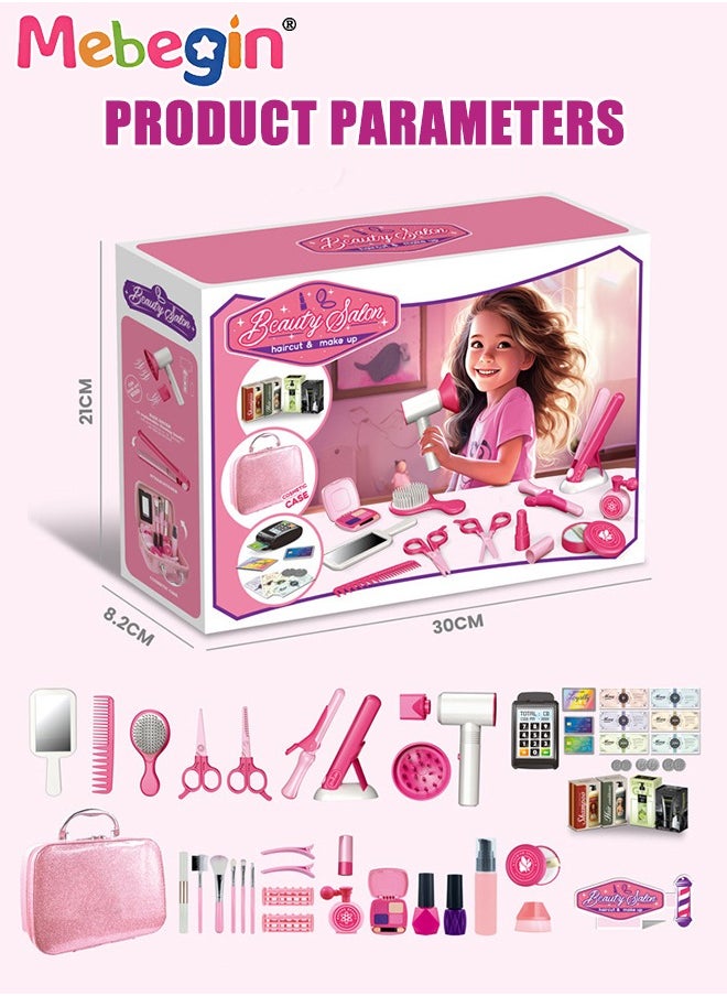 43PCS Beauty Salon Set with Realistic Hairdryer, Straightener, Mirror, Scissors and Other Styling Accessories, Girls Hair Salon Kit with Portable Travel Case, Complete Stylist Set for Girls, Play Ho