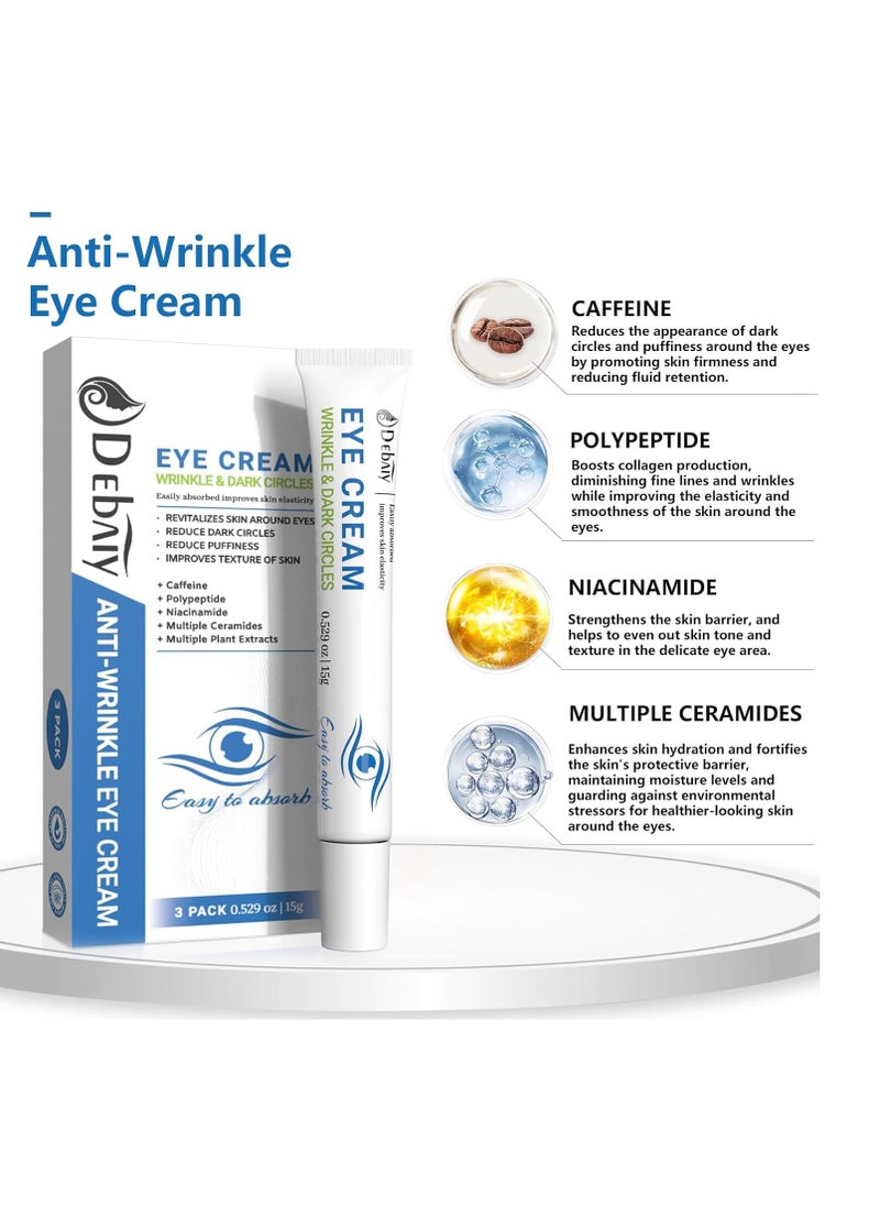 3 Pack Anti-Wrinkle Eye Cream with Caffeine & Peptides - Reduces Dark Circles & Puffiness, Improves Skin Texture (Each 0.529oz | 15g)