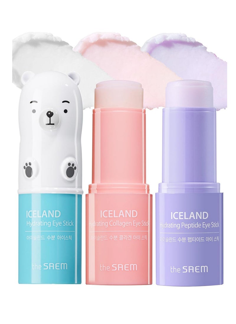 THESAEM Iceland Hydrating Eye Stick 0.24oz 3 Pack - Cooling, Collagen, Peptide - Cooling Eye Balm for Dark Circles and Puffiness – Under Eye Treatment - Balm to Smooth Skin Texture