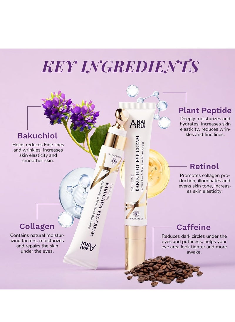 ANAI RUI Caffeine Bakuchiol Firming Eye Cream, Retinol & Peptide Eye Cream for Dark Circles, Puffiness, Wrinkles, Bakuchiol Alternative Retinol Eye Moisturizer for Under-Eye Skin Repair 0.5 FL OZ