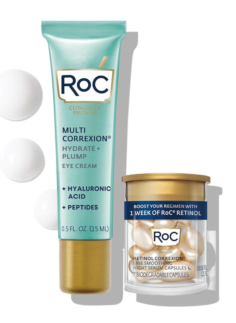 RoC Multi Correxion Hyaluronic Acid Anti Aging Under Eye Cream for Puffiness & Dark Circles (.5 OZ) + RoC Retinol Capsules (7 CT), Skin Care Routine, Fragrance & Paraben Free for Women and Men