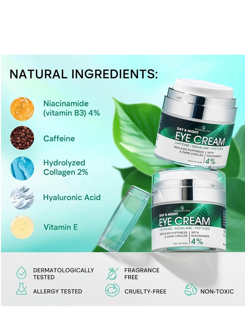 REMEDIAL PAX Eye Cream for Dark Circles and Puffiness, Bags Under Eyes Treatment, Anti-Aging Collagen Eye Cream for Wrinkles, Day & Night Caffeine Eye Cream with Niacinamide Dimethicone