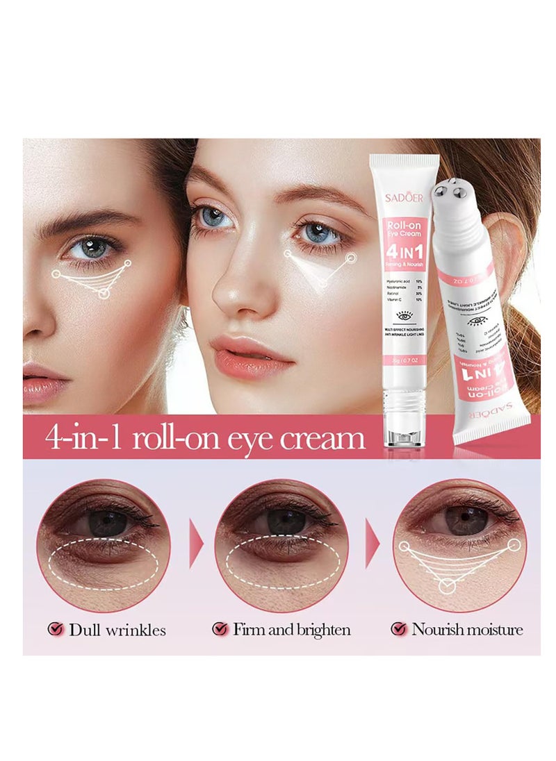 Eye Cream with 10% Hyaluronic Acid, 5% Nicotinamide, 30% Retinol, 10% Vitamin C for Puffy Eye Bags Fine Lines Dark Circles Wrinkles, Under Eye Cream with 360° Eye Roller Massage Ball, 0.7 fl. Oz