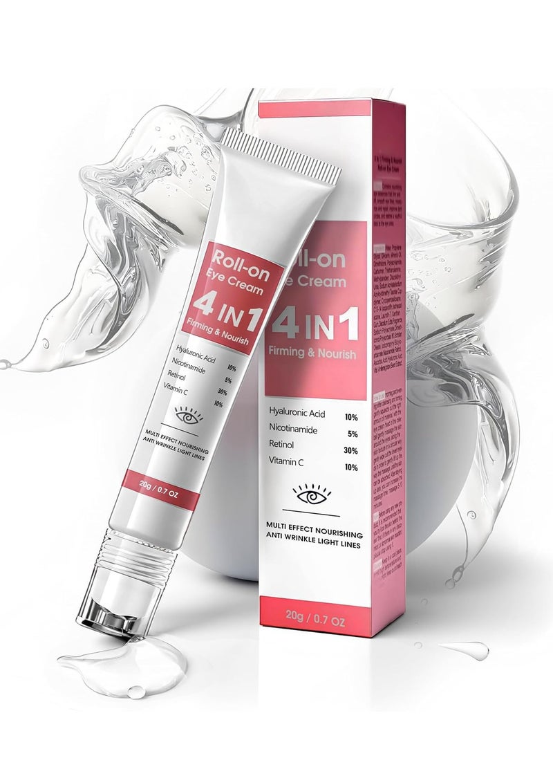 Eye Cream with 10% Hyaluronic Acid, 5% Nicotinamide, 30% Retinol, 10% Vitamin C for Puffy Eye Bags Fine Lines Dark Circles Wrinkles, Under Eye Cream with 360° Eye Roller Massage Ball, 0.7 fl. Oz