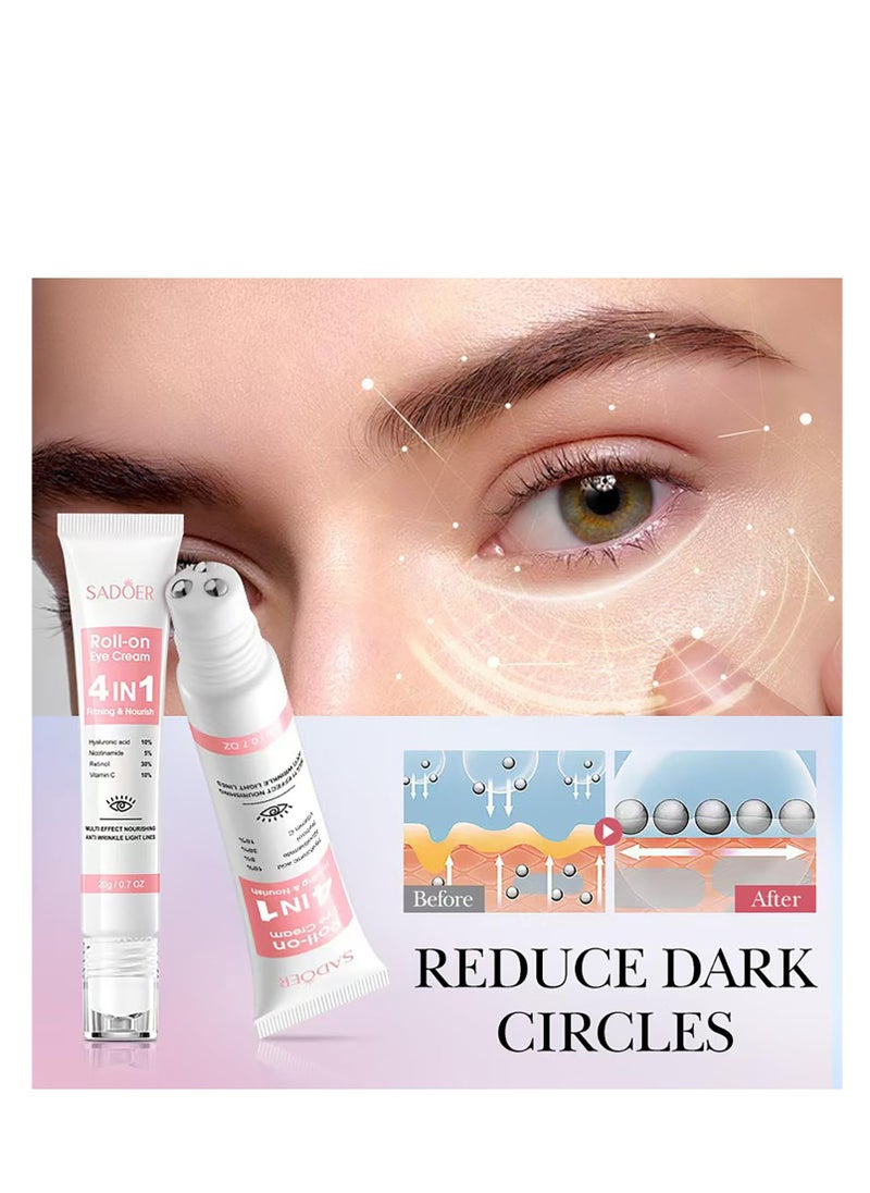 Eye Cream with 10% Hyaluronic Acid, 5% Nicotinamide, 30% Retinol, 10% Vitamin C for Puffy Eye Bags Fine Lines Dark Circles Wrinkles, Under Eye Cream with 360° Eye Roller Massage Ball, 0.7 fl. Oz