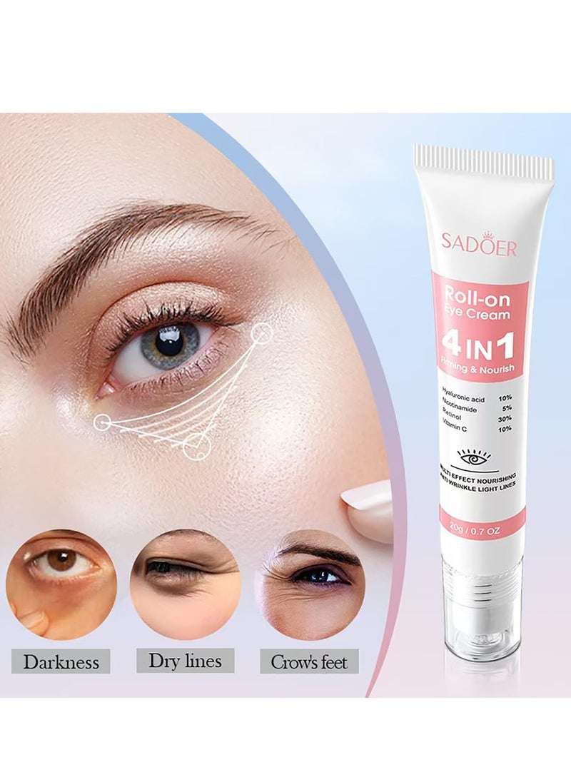 Eye Cream with 10% Hyaluronic Acid, 5% Nicotinamide, 30% Retinol, 10% Vitamin C for Puffy Eye Bags Fine Lines Dark Circles Wrinkles, Under Eye Cream with 360° Eye Roller Massage Ball, 0.7 fl. Oz