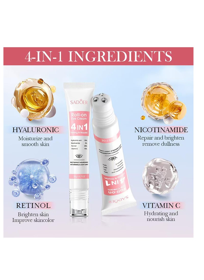 Eye Cream with 10% Hyaluronic Acid, 5% Nicotinamide, 30% Retinol, 10% Vitamin C for Puffy Eye Bags Fine Lines Dark Circles Wrinkles, Under Eye Cream with 360° Eye Roller Massage Ball, 0.7 fl. Oz