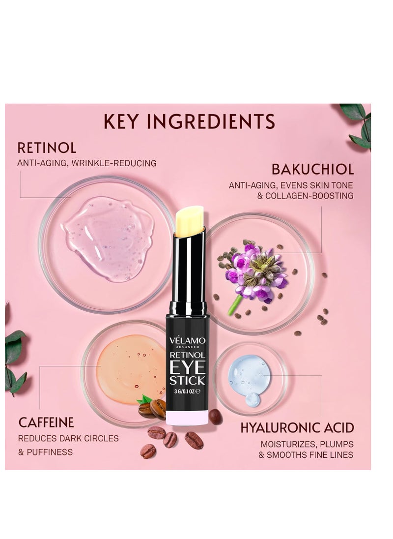 VELAMO ADVANCED Retinol Eye Stick: Retinol Eye Cream for Dark Circles and Puffiness with 1% Bakuchiol and Caffeine - Visibly Reduces Fine Lines Wrinkles Under Eye Bags with Upgraded Formula 0.1 OZ/3g