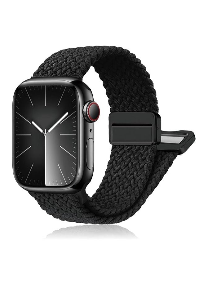 Magnetic Braided Solo Loop Band Compatible with Apple Watch Series 10 49mm 46mm 45mm 44mm 42mm for Women Men, Stretchy Nylon Elastic Sport Strap-Black