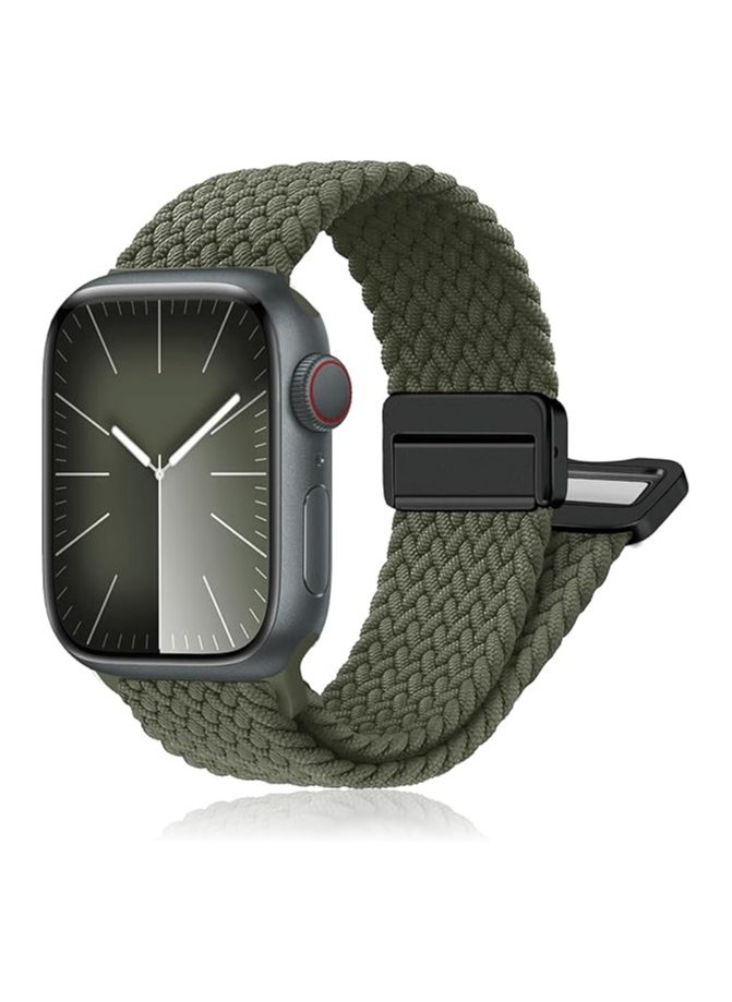 Magnetic Braided Solo Loop Band Compatible with Apple Watch Series 10 49mm 46mm 45mm 44mm 42mm for Women Men, Stretchy Nylon Elastic Sport Strap-Green