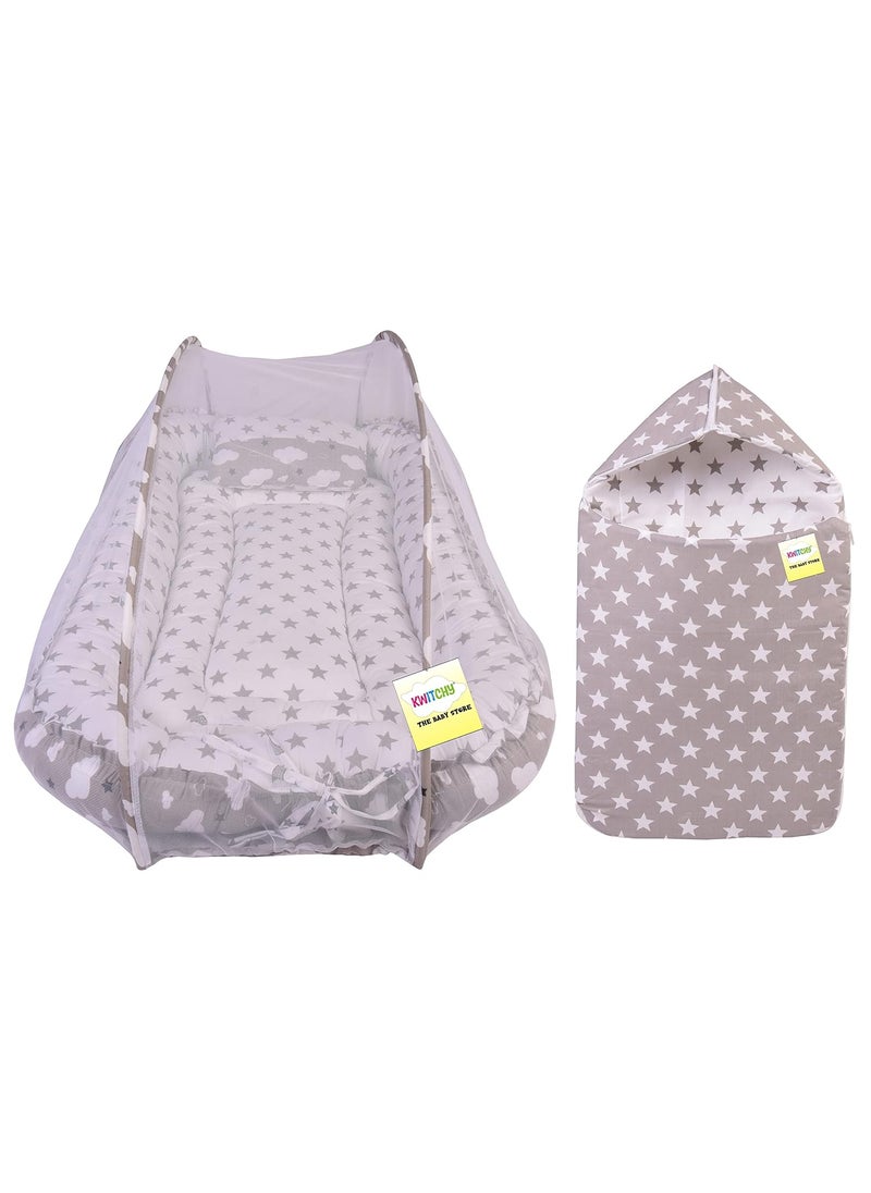 Kwitchy Baby Bed New Born Baby Sleeping Bag Bedding Set Mattress Carry Nest Mosquito Net Cotton Gadda Set Essential Combo Products All Gift Pack 06 Months Grey 2PCS Set