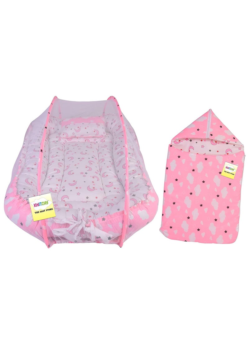 Kwitchy Baby Bedding Combo Set Cushioned Mattress with Net Sleeping Bag Combo 06 Months Pink 2PCS Set