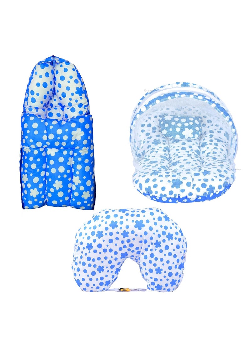 Kids Charm Clover 3 PCS Combo Set 3 in 1 Babys Cotton Bed Cum Carry Bed6 in 1 Babys Cotton Feeding Pillow2 in 1 Babys Cotton Bed with Mosquito Net for 48 Months Blue